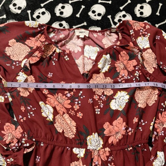 LOFT Burgundy peach black floral print long sleeve v-neck dress ~ SMALL MEDIUM - Picture 9 of 14